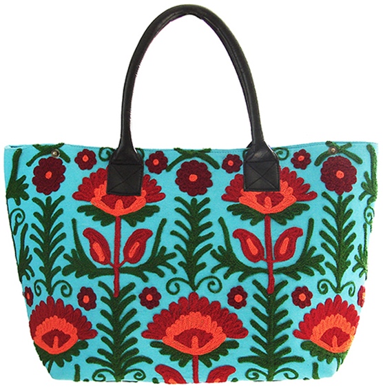 Turquoise Floral Suzani Embroidered Totebag Shop Fair Trade Goods from Musae Imports