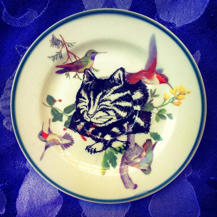 Kelly Kielsmeier Art ceramic plate painting of birds and cat handmade