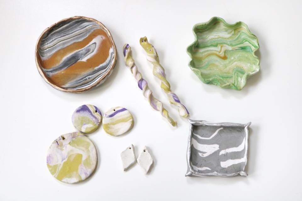 marbled clay jewelry and marbled clay dishes