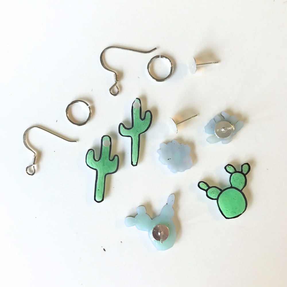 shrunk cactus shrinky dinks with jewelry findings