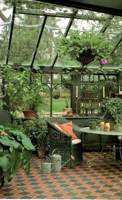 at home greenhouse with gorgeous seating