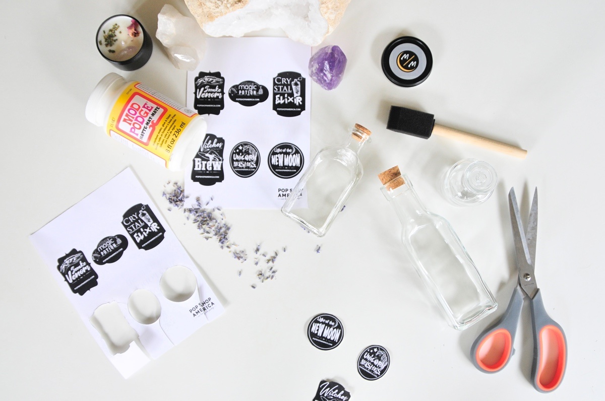 supplies to make spooky apothecary jars with free printable labels