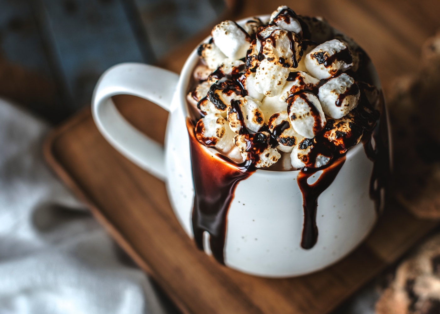 detail of french hot chocolate recipe with toasted marshmallows