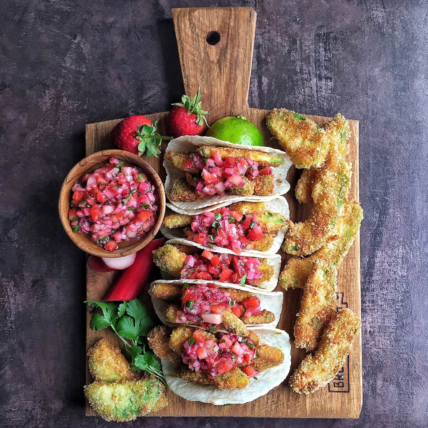 fried avocado tacos with strawberry rhubarb salsa recipe_web