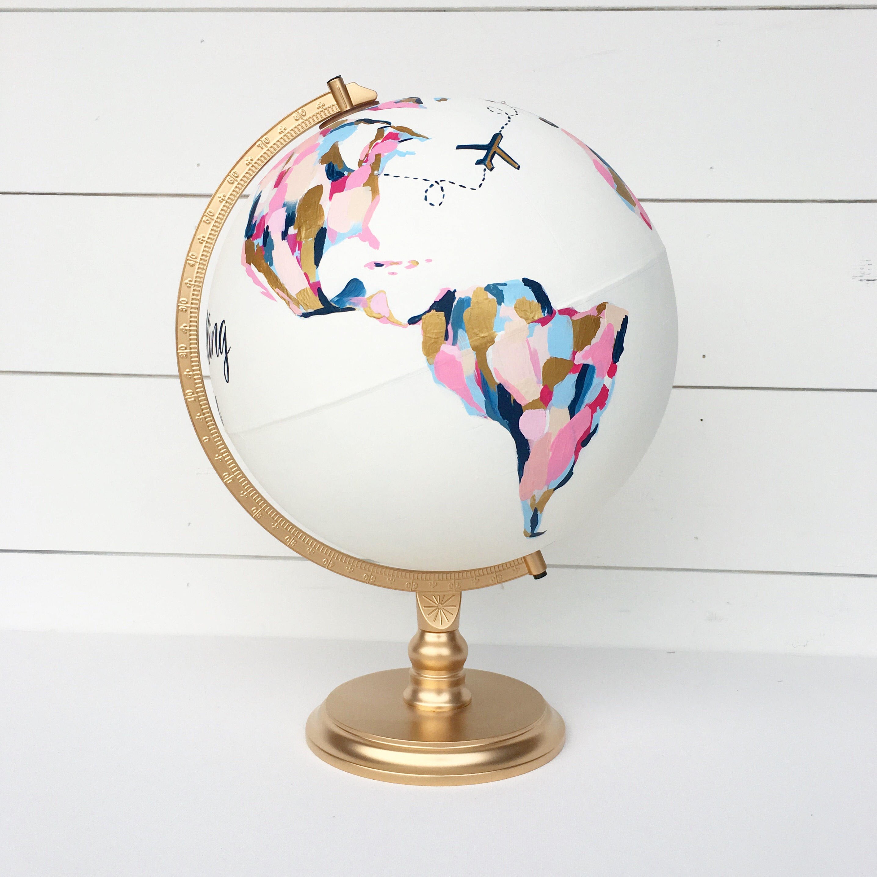 gold pink blue hand painted globe by newly scripted etsy