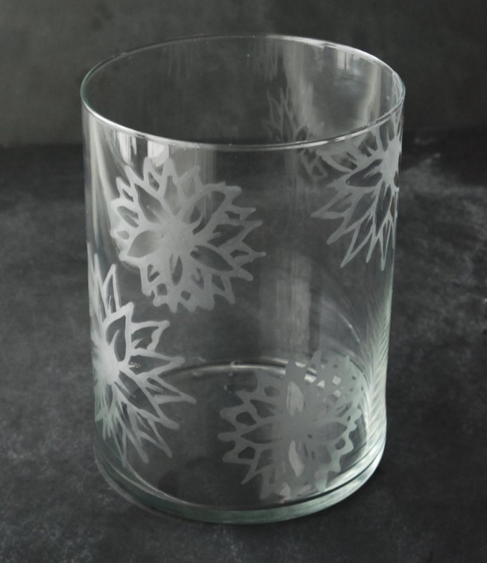 etched glass vase with flowers white lights on wednesday