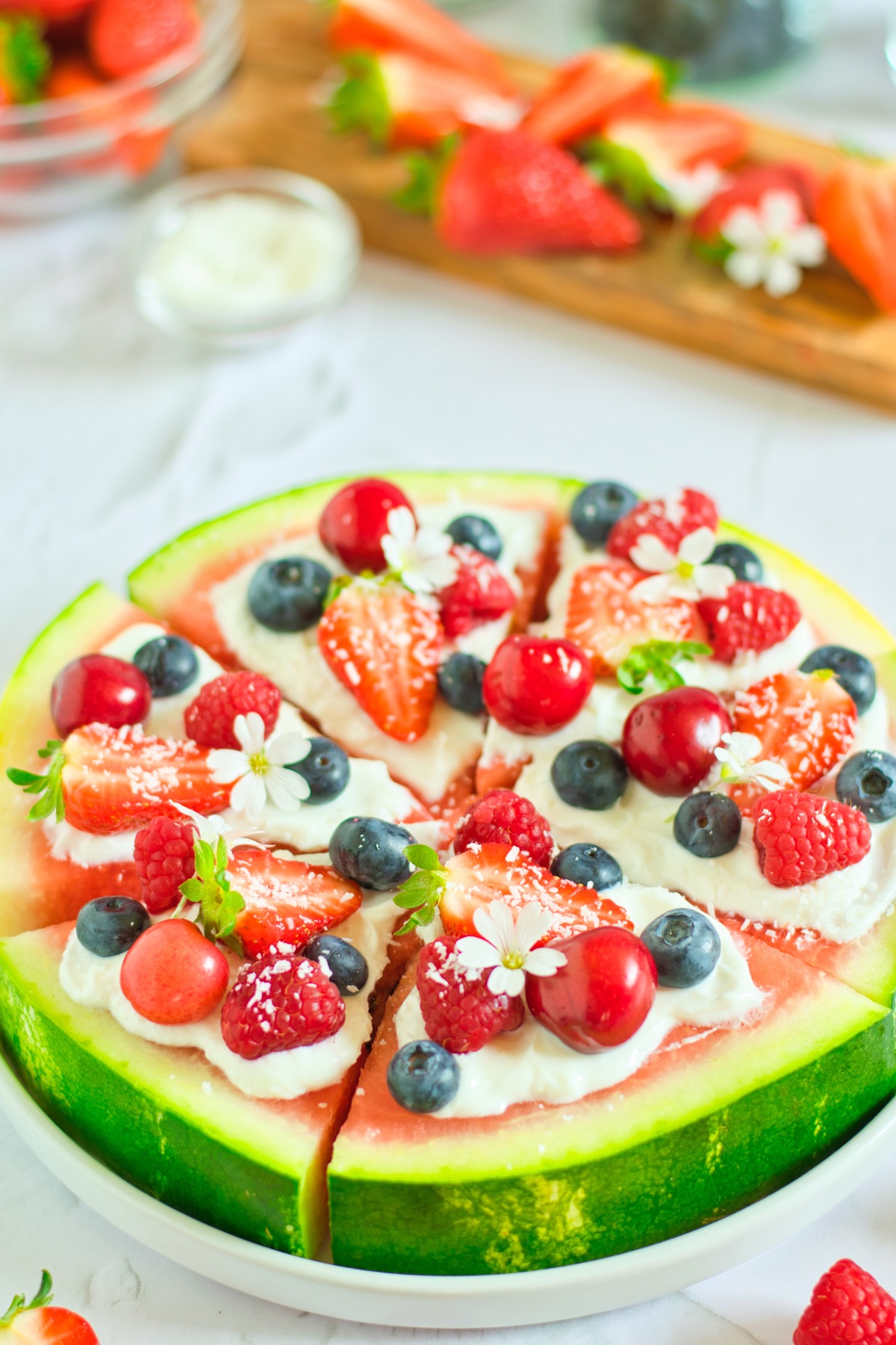 close up of healthy watermelon dessert pizza
