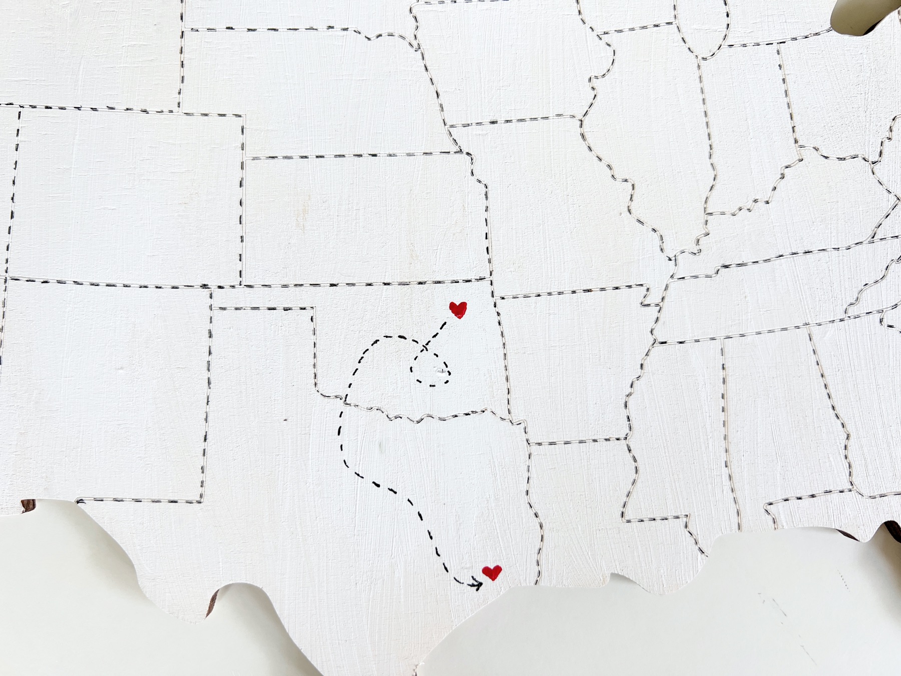 close up of finished painted hearts usa map painting