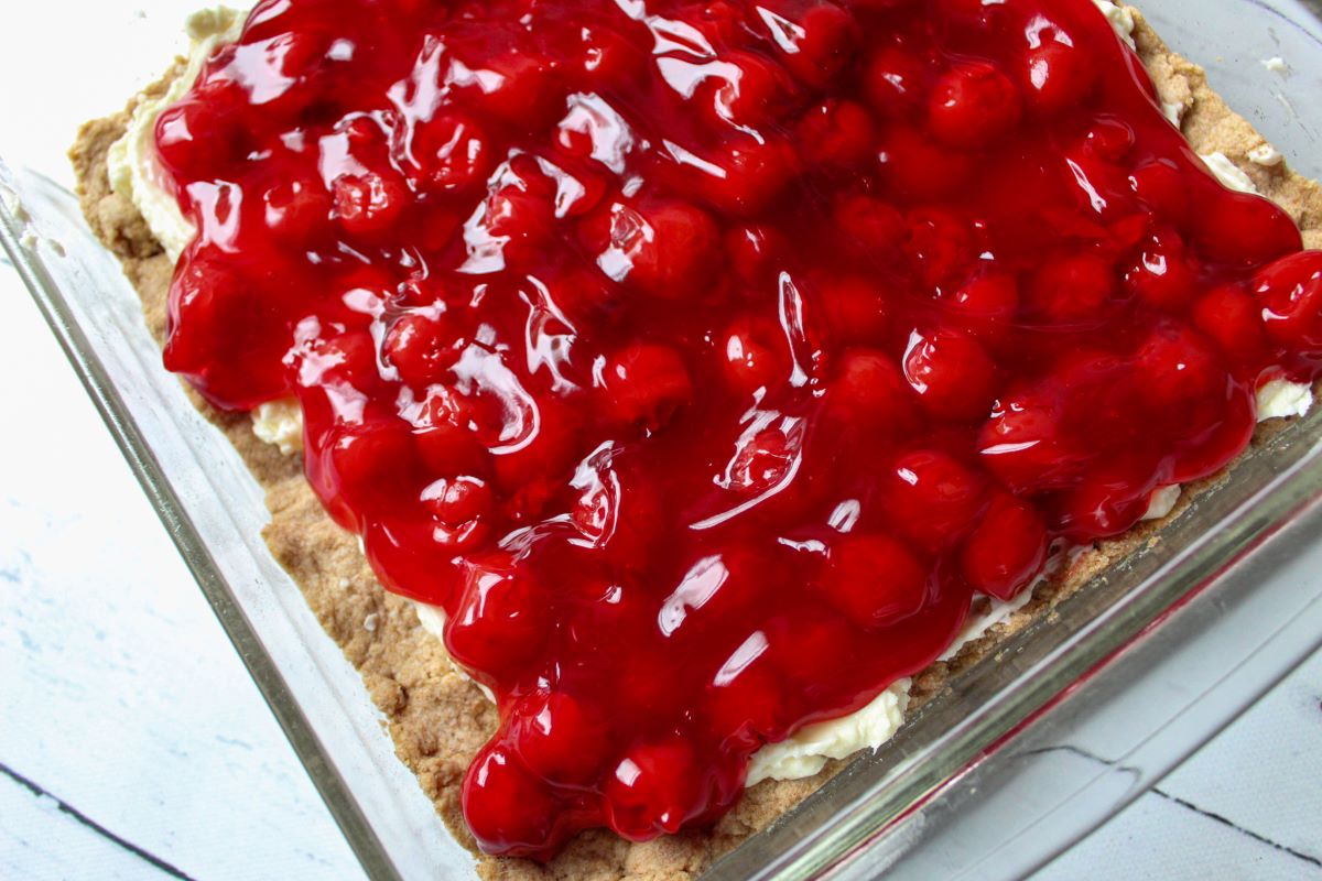 angeled view cherry cheesecake shortbread bars