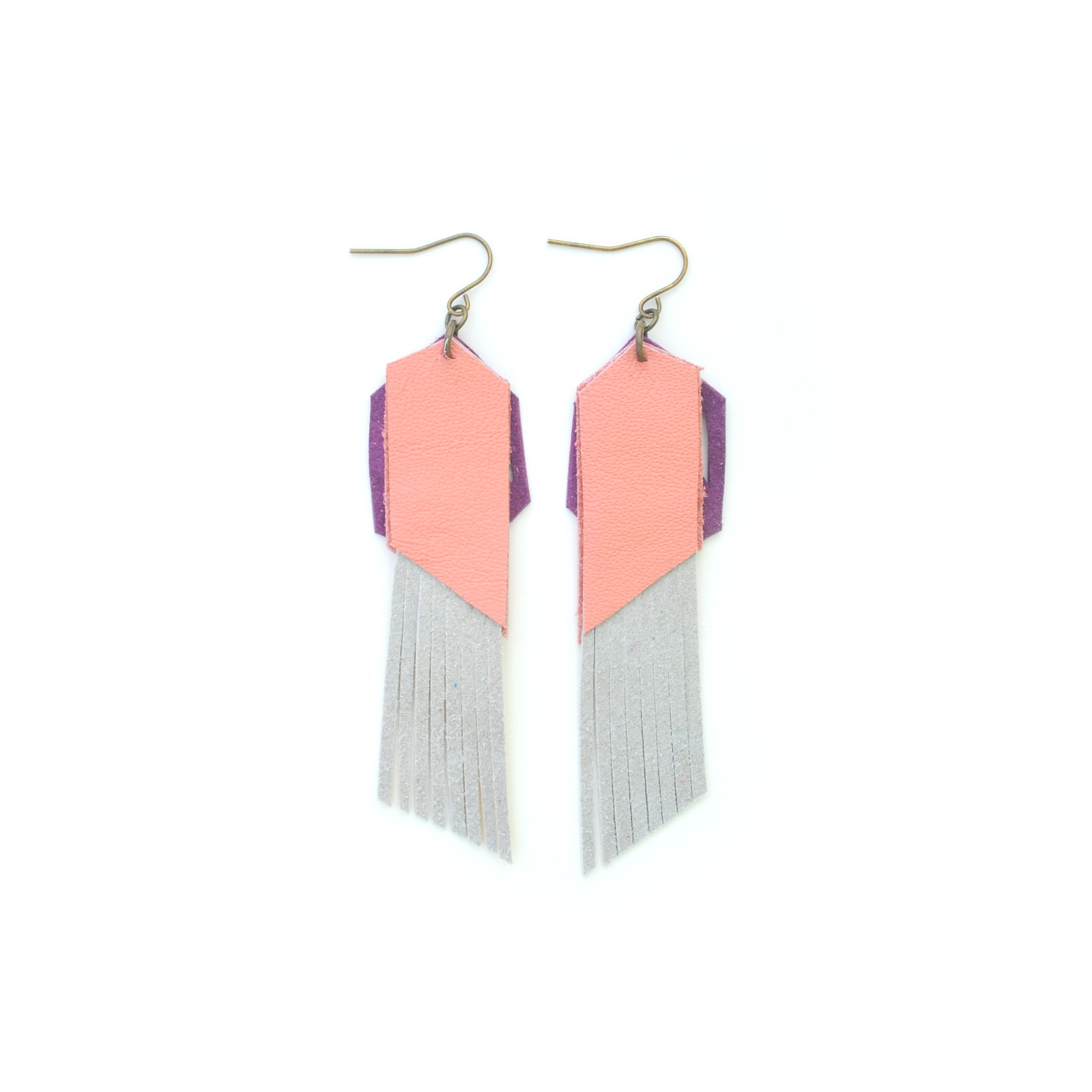 Fringe_Leather_Earrings__Geometric_Earrings__GolFringe Leather Earrings Geometric Earrings Gold Metallic Earrings Purple and Peach Earrings
