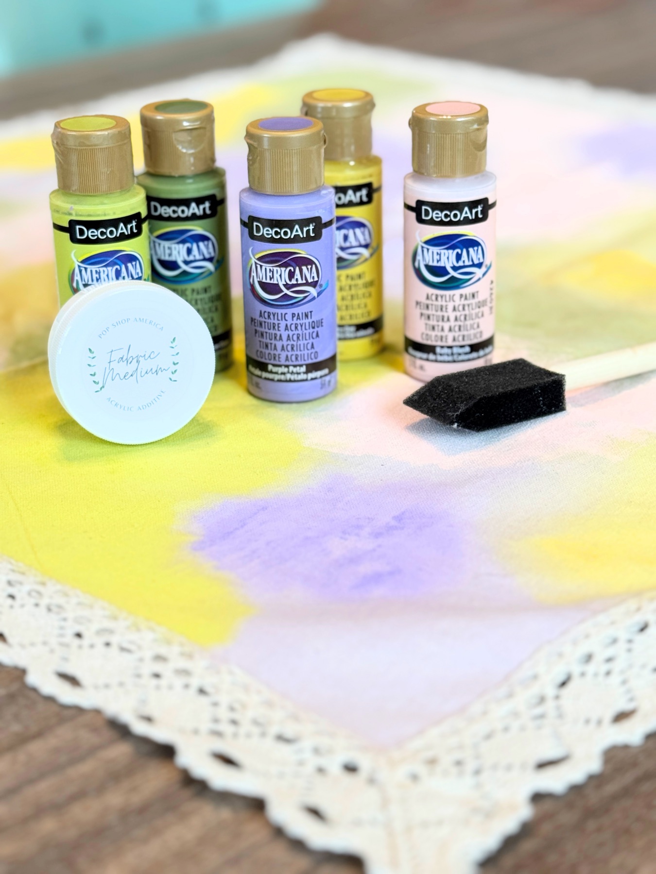 finished diy watercolor tablecloth with acrylic web