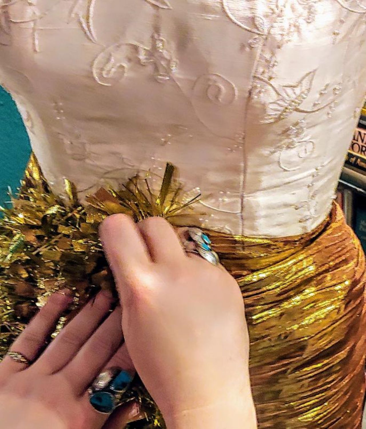 Christmas Tree Gown DIY pinning in process