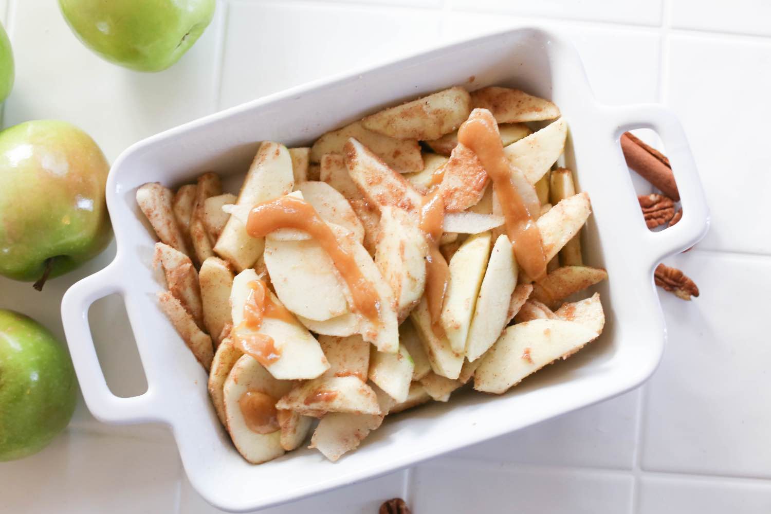 place inside of a baking dish with apples and caramel