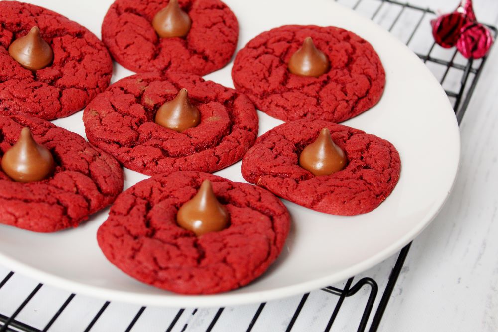 red velvet kiss cookies on plate closeup 1