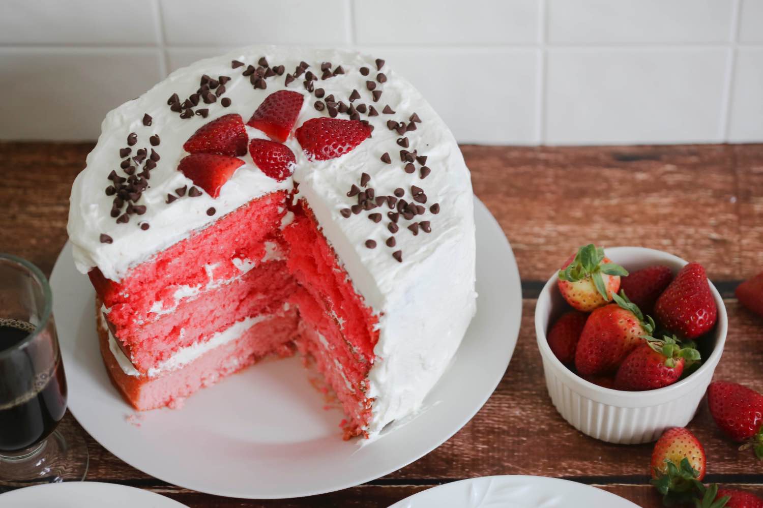 sliced 3 layer pink ombre strawberry cake recipe