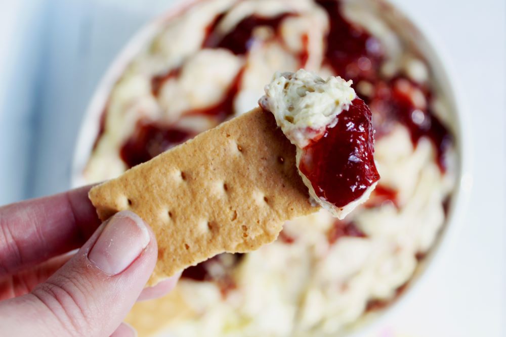 hand holding graham cracker with lemon raspberry dip 1