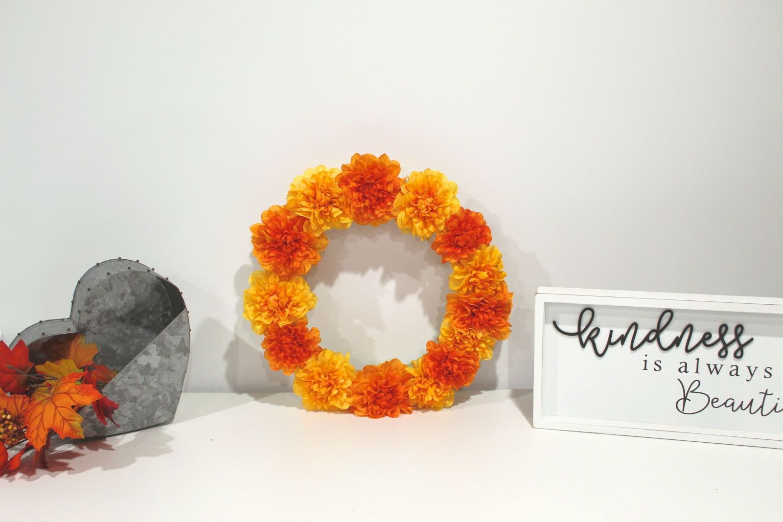 wreath on desk with fall decor