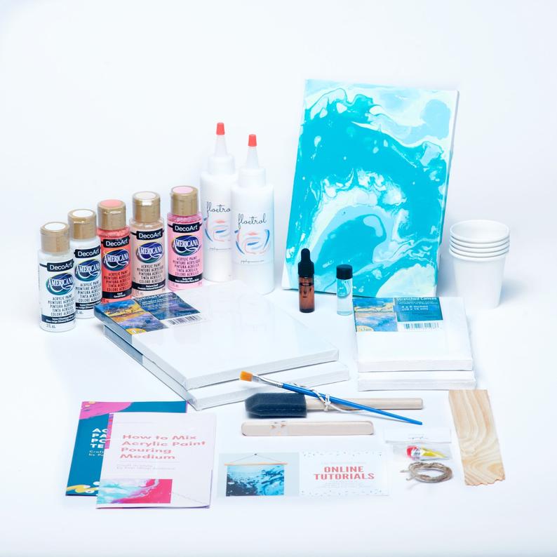 DIY Kit, Acrylic Paint Pouring Painting Kit (Salmon, Pink, Cream, White)