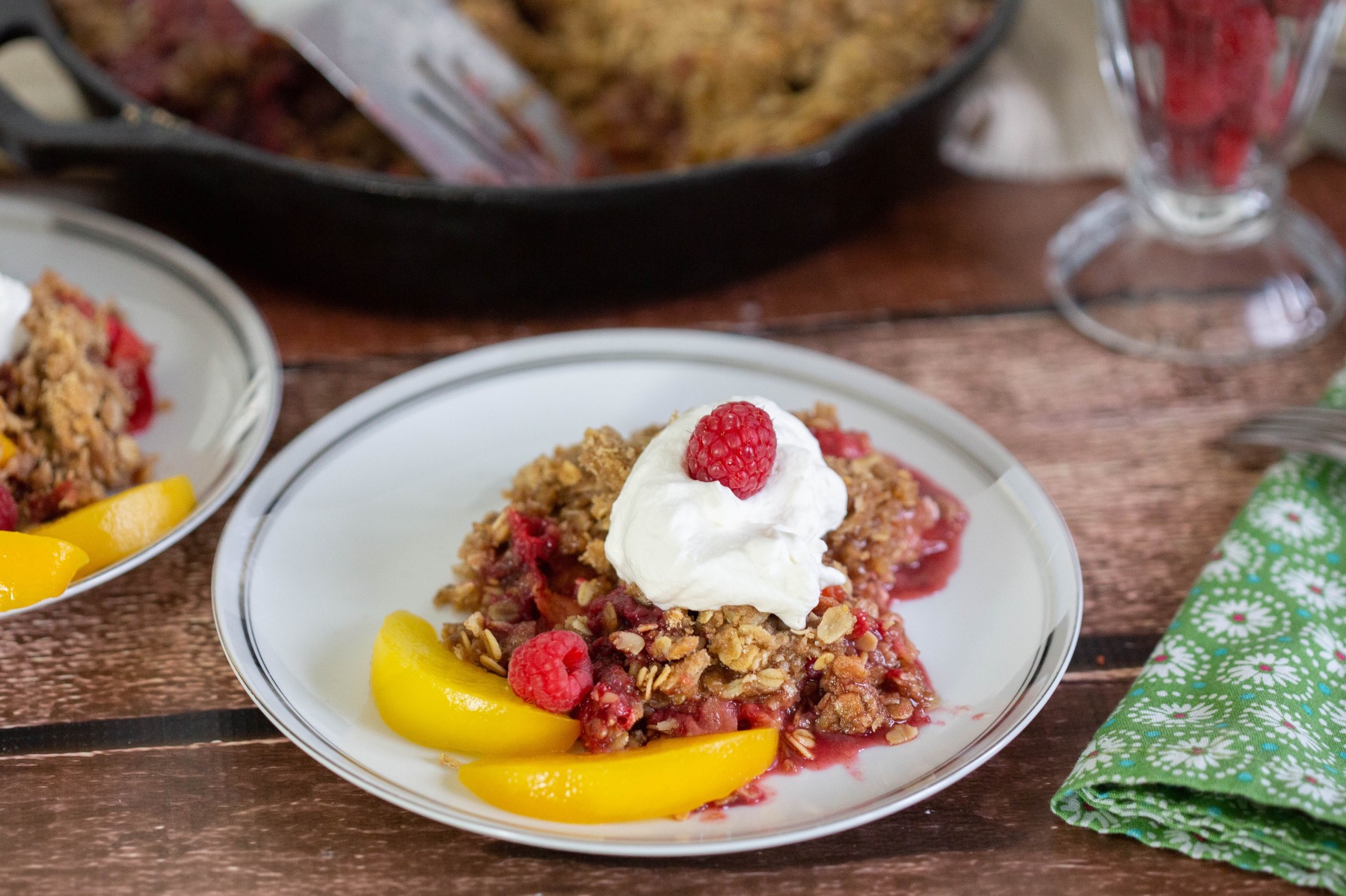 close up of the raspberry and peach crumble