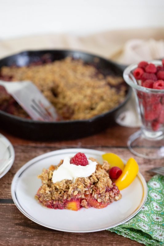 finished recipe cast iron skillet peach crisp