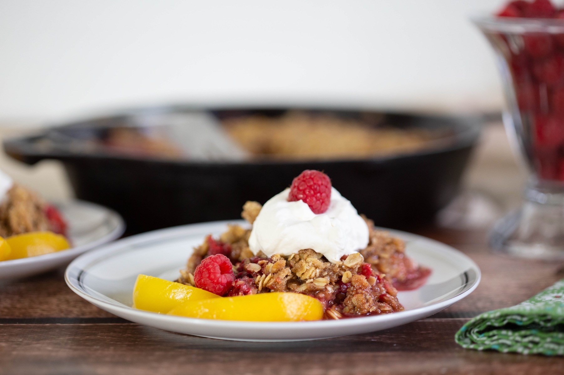 homemade cast iron skillet crumble with peaches