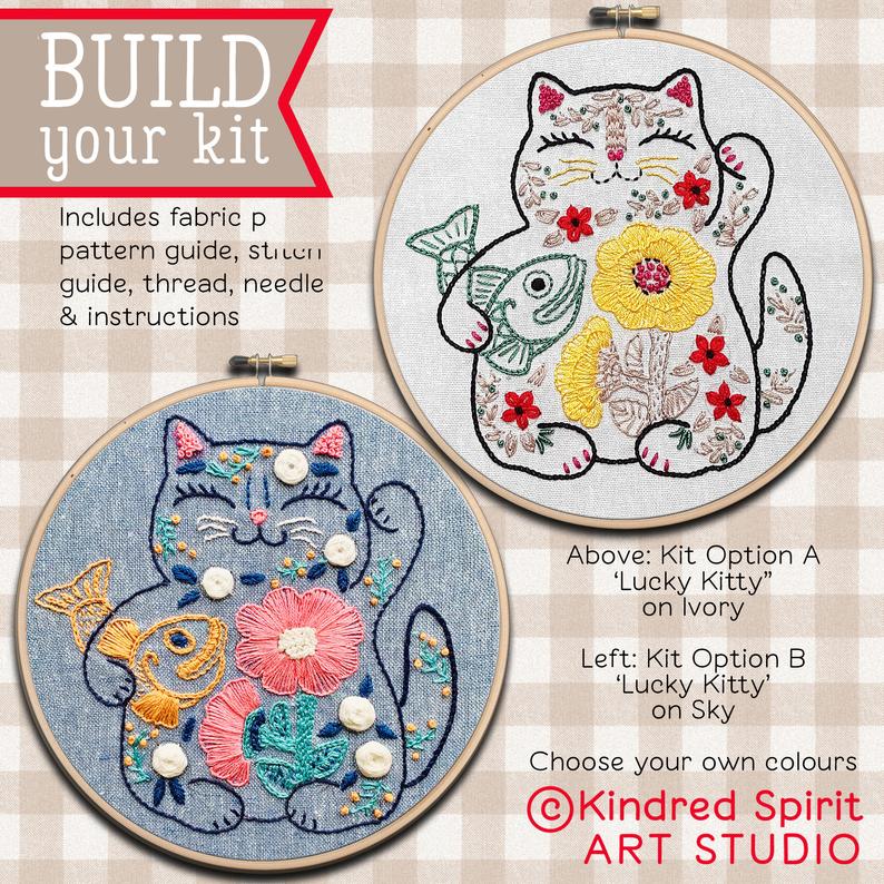 lucky cat embroidery craft kit gift idea