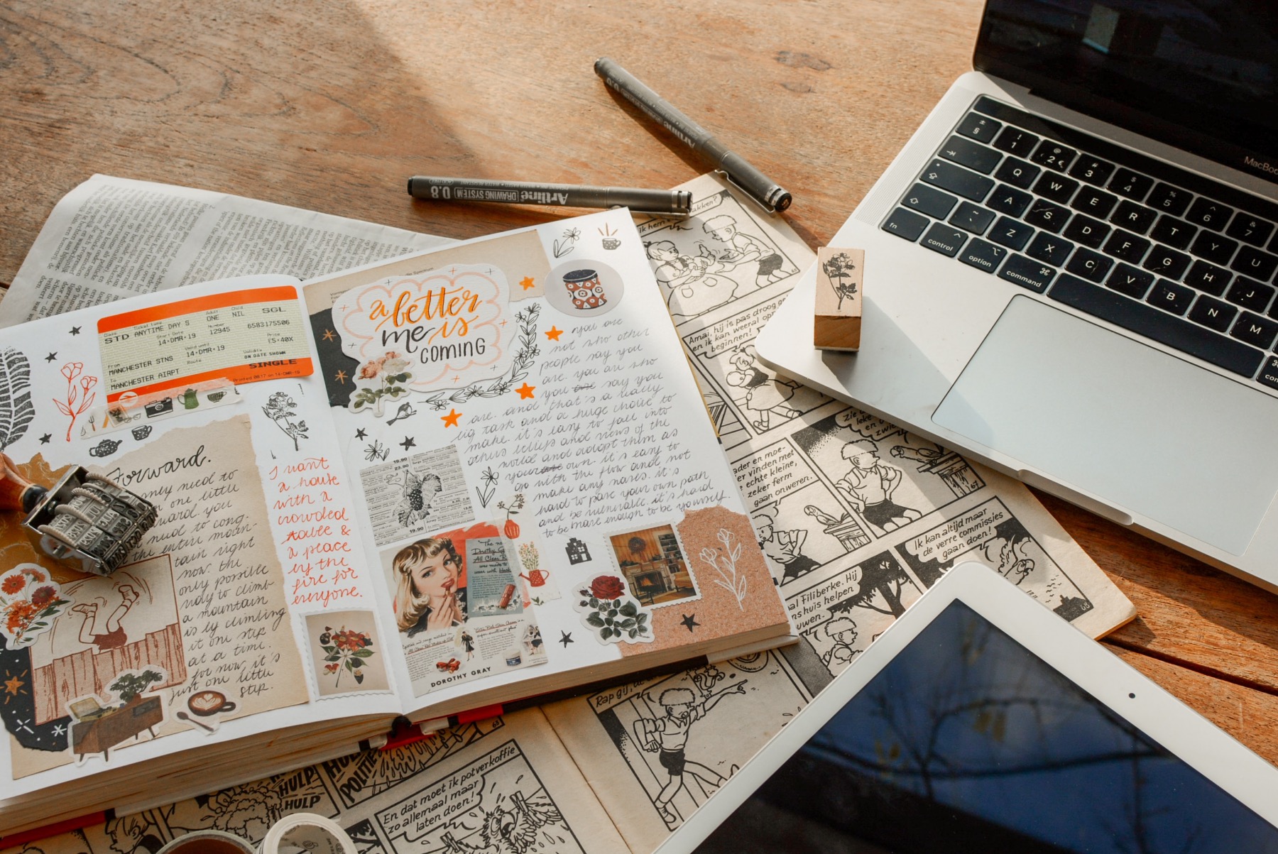 add colored paper and memorabilia to a collage journal