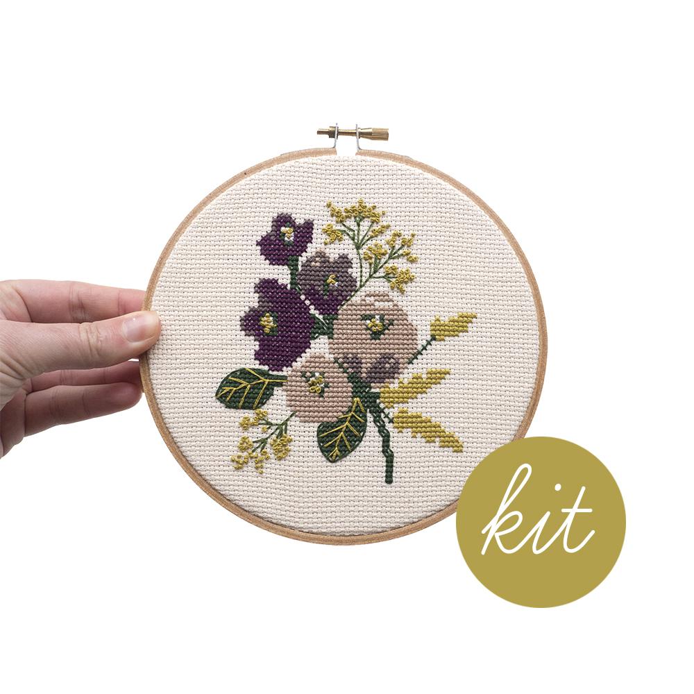 DIY Kit, Amethyst Floral Cross Stitch Kit