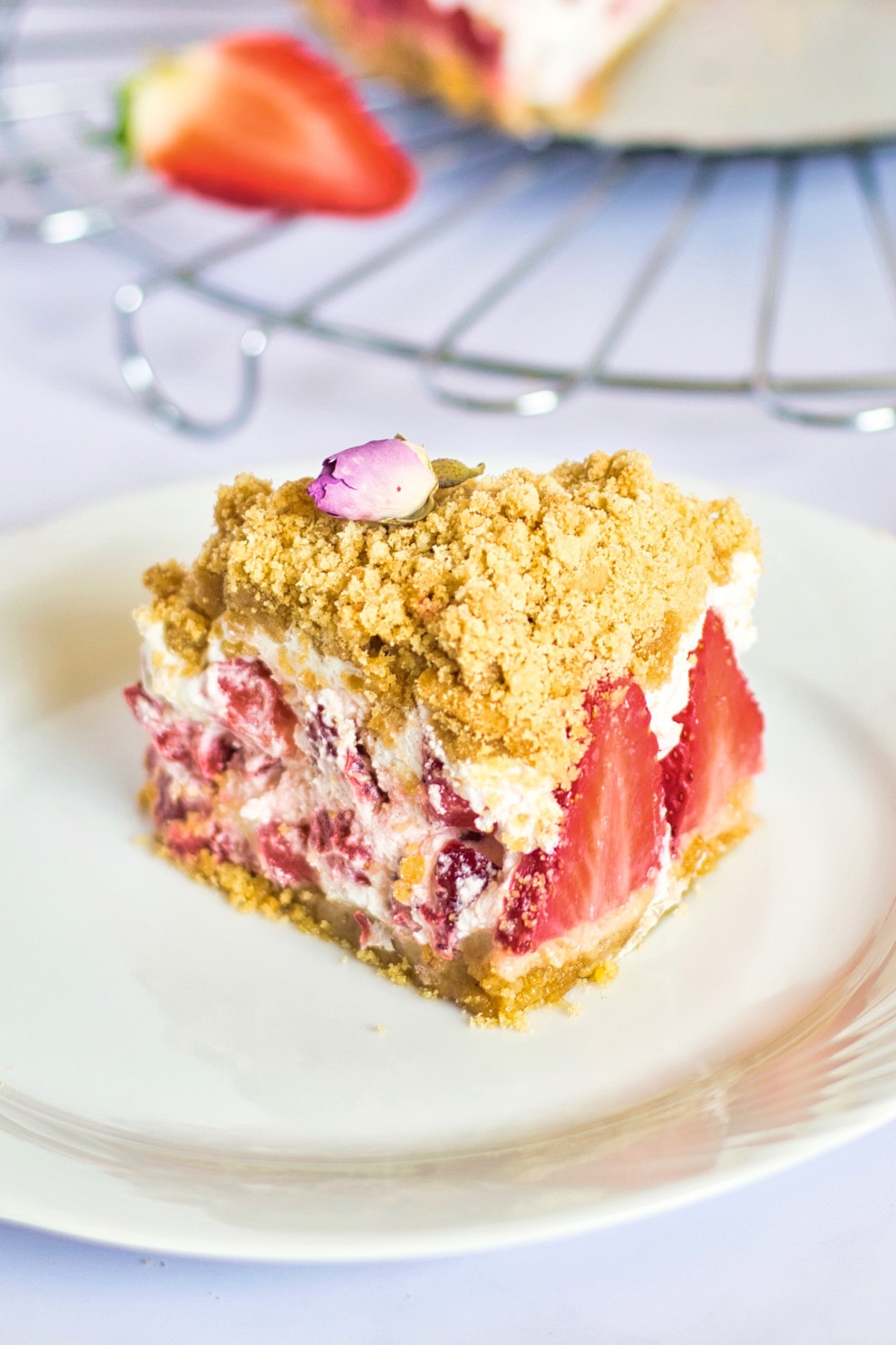 close up of a strawberry crumble slice pop shop america