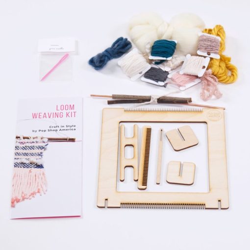 close up of supplies inside the full diy loom weaving kit