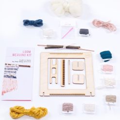 flatlay of all the supplies inside diy loom weaving FULL kit