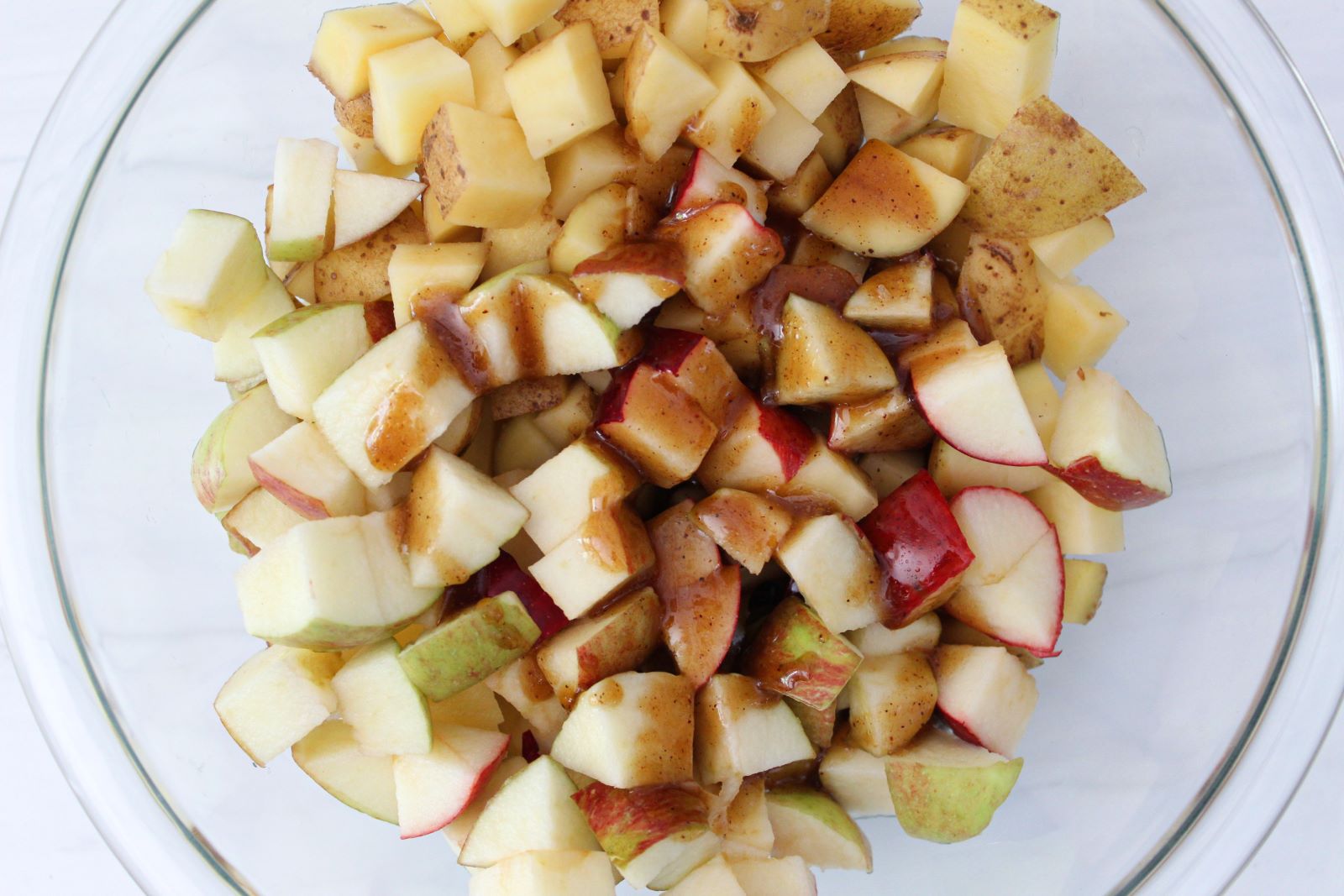 honey chipotle sauce on diced apples and potatoes 1