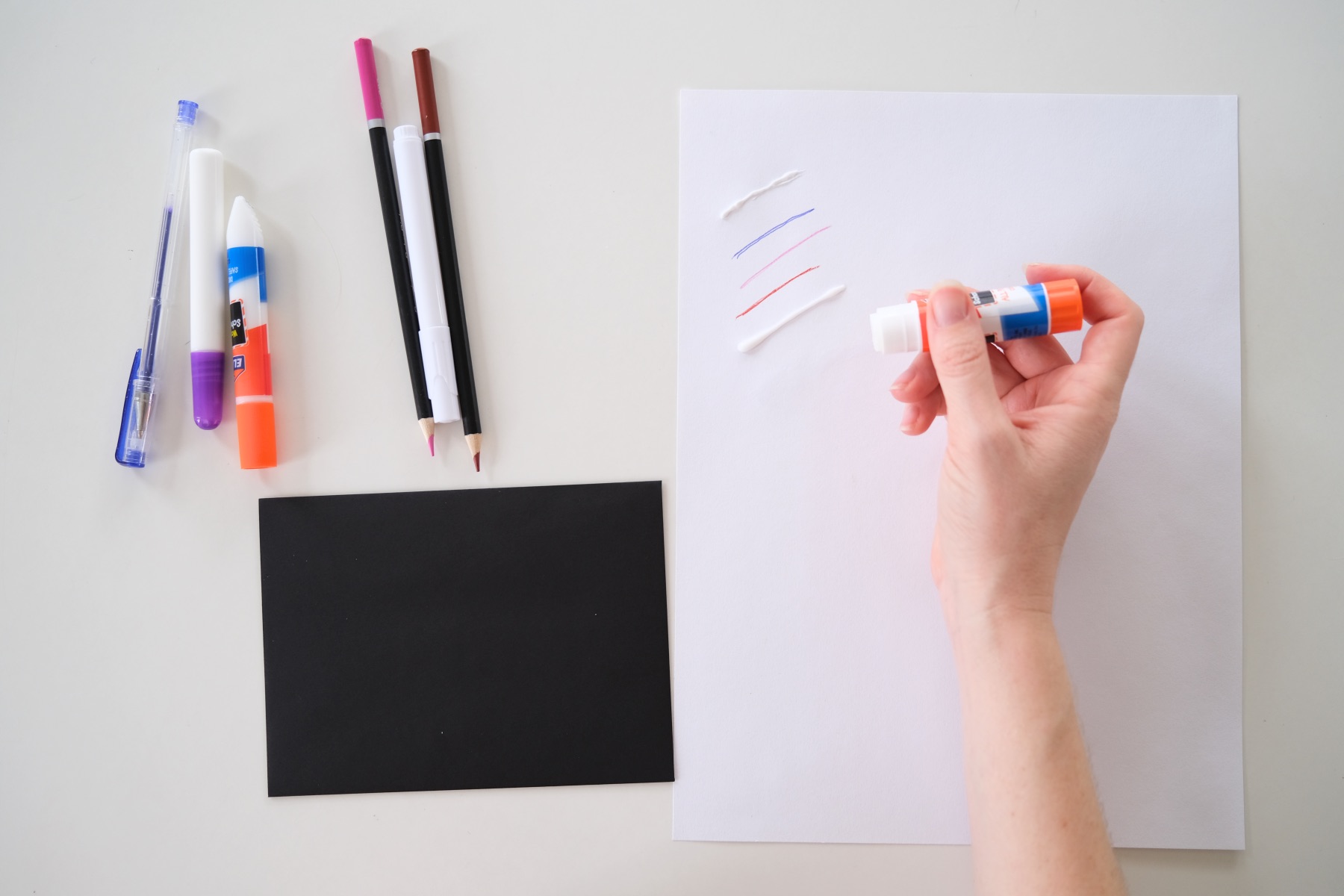 making a swatch of glue sticks and pens