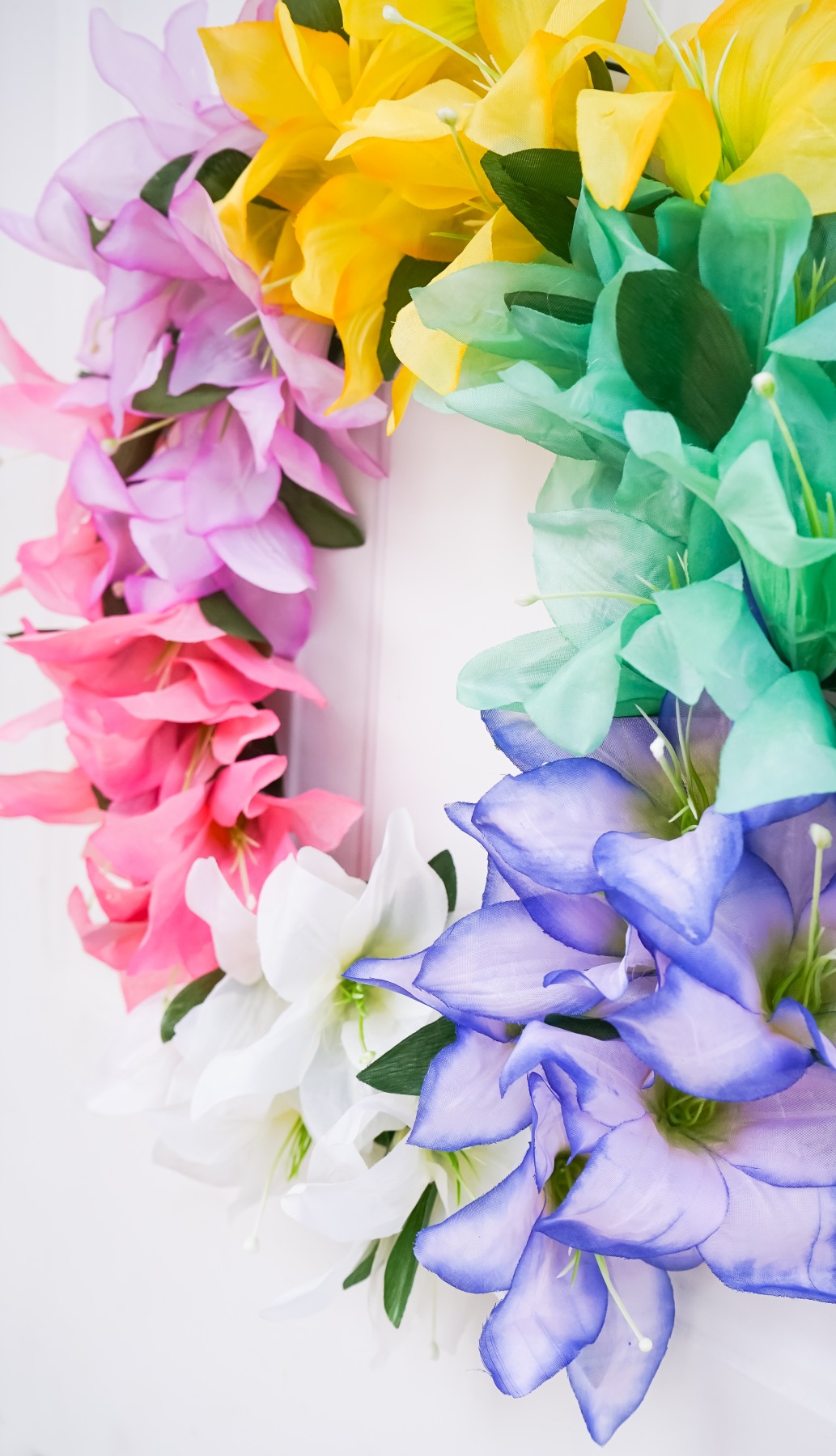 close up of the rainbow flower wreath for spring