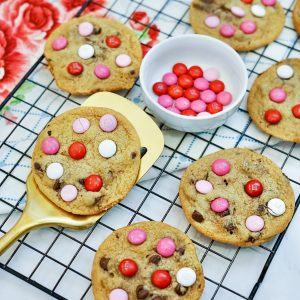 valentine's day M&M chocolate chip cookies square