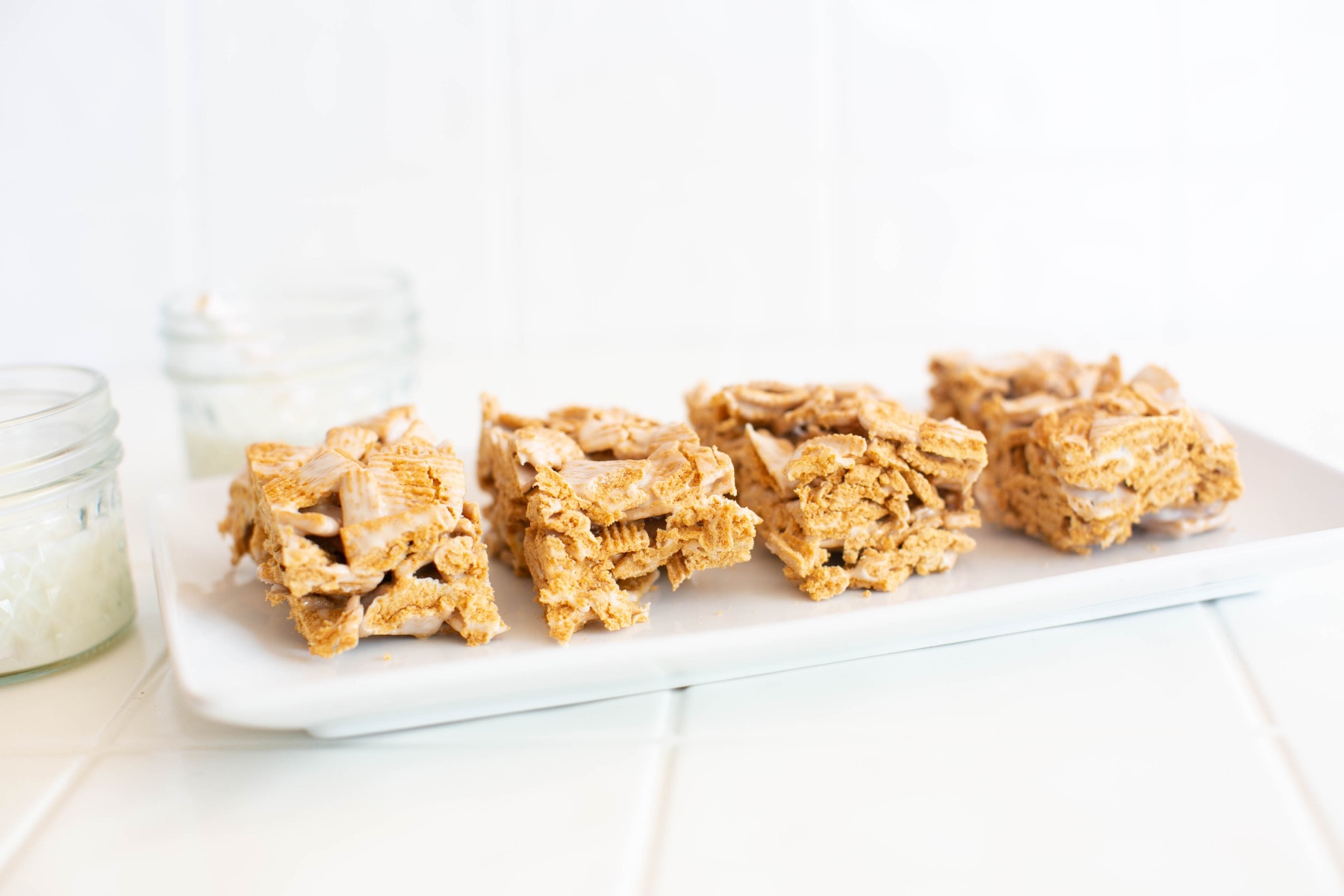 close up of cut marshmallow crispy treats