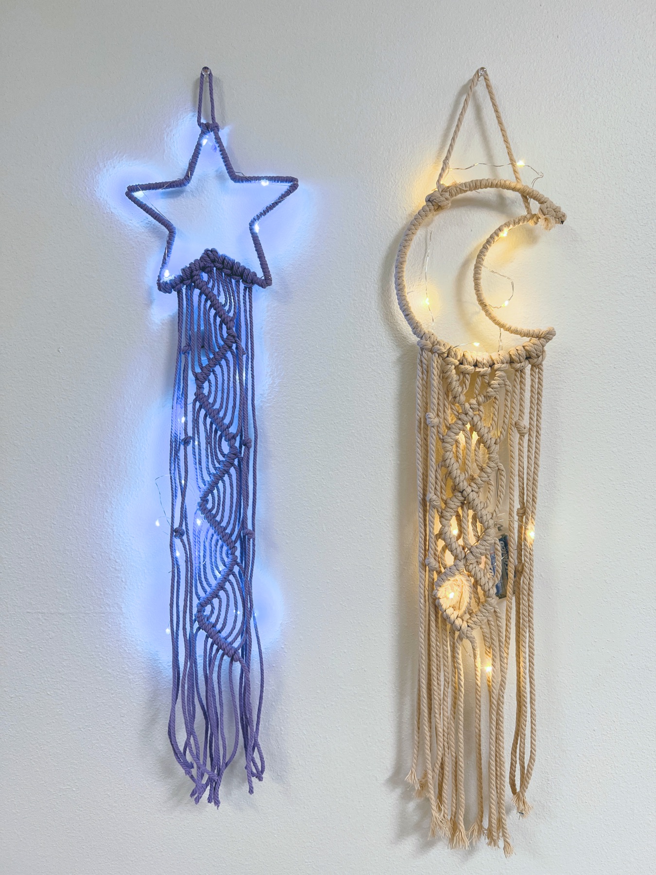 finished moon and star macrame wall hangings