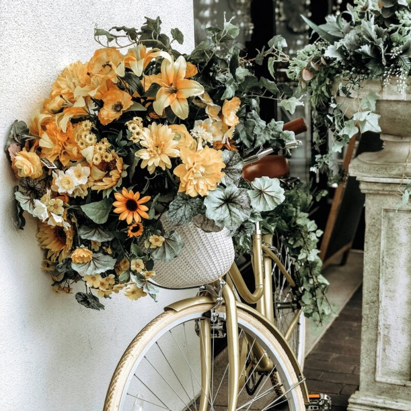 square bicycle with basket of flowers